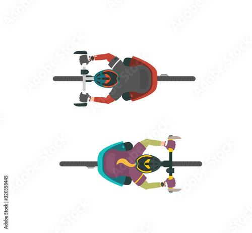 Two vector illustrations of bikers. Man and women on MTB mountain bike. View from above.