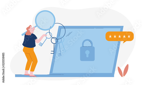 Woman with Magnifying Glass and Bunch of Keys in Hand Stand front of Laptop with Lock and Stars on Screen Trying to Put Correct Password for Internet Account or Mail Cartoon Flat Vector Illustration