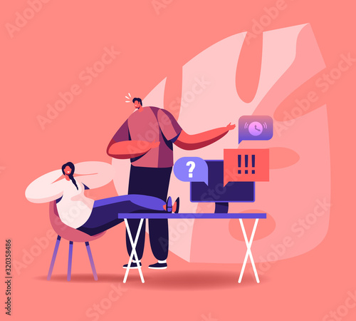 Procrastination Concept. Boss Yelling on Procrastinating Lazy Businesswoman Employee Sleeping at Workplace with Legs on Office Desk, Postponing Work Unprofitable Time Cartoon Flat Vector Illustration