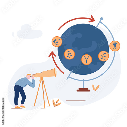 Man Looking in Telescope on Earth Globe with Different Currency Symbols Euro Franс Yen Pound Dollar. Businessman Learn Worldwide Economics and Exchange Rate, Trading Cartoon Flat Vector Illustration