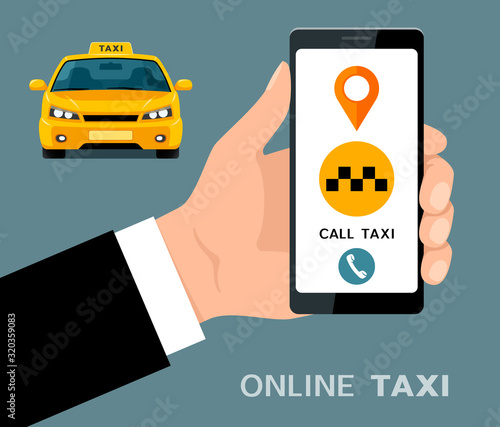 Online taxi illustration. Mobile app service. Hand holding smartphone