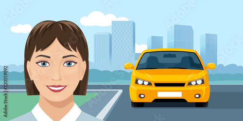 Smiling young woman and yellow car on city background. Web banner design