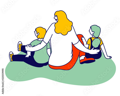 Woman with Children Sitting on Floor Rear View Watching Puppet Show or Relaxing in City Park. Young Mother with Son and Daughter Weekend Relax, Maternity Cartoon Flat Vector Illustration, Line Art