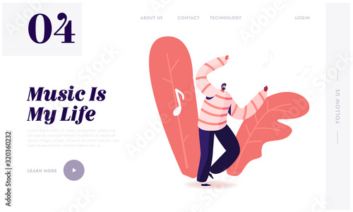 Mobile Music Application Website Landing Page. Young Man Dancing Sparetime and Active Lifestyle, Male Character Spend Time Moving Body at Disco Dance Web Page Banner. Cartoon Flat Vector Illustration