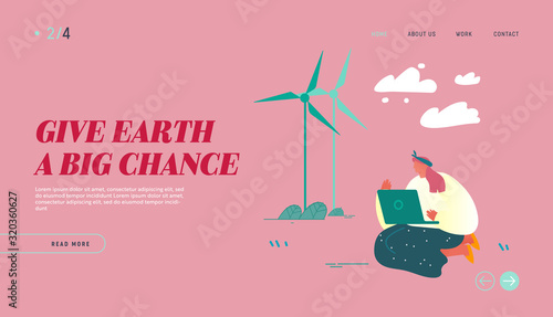 Global Warming, Nature Pollution Problem Website Landing Page. Woman with Laptop Sit on Ground at Windmills Analysing Worldwide Situation Reading News Web Page Banner. Cartoon Flat Vector Illustration