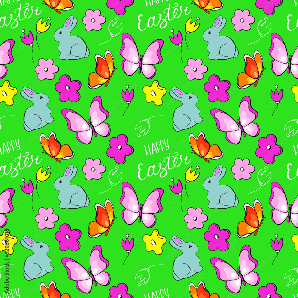 Easter pattern of butterflies, rabbits and flowers, on a bright green background. Stock illustration. Vector cartoon illustration.