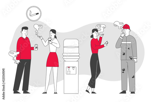 Smoking Addiction and Bad Unhealthy Habit Concept. Male and Female Characters Stand near Water Cooler Drinking Coffee and Smoke Cigarettes. Social Problem Cartoon Flat Vector Illustration, Line Art