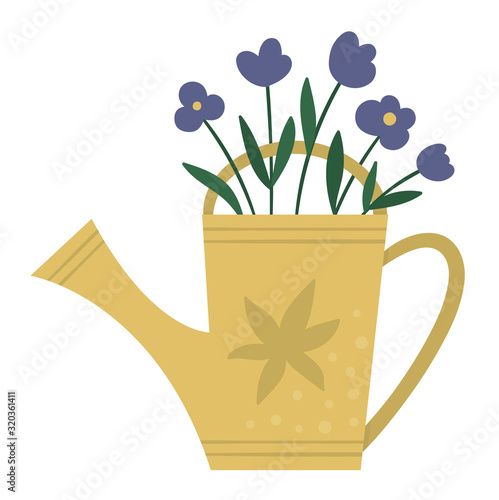Vector flat trendy yellow watering can with purple flowers. Garden equipment isolated on white background. Beautiful spring or summer home gardening illustration.