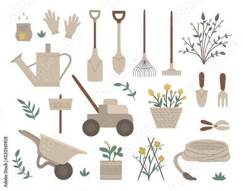 Vector set of colored garden tools, flowers, herbs, plants. Collection of gardening equipment. Flat spring illustration of spade, shovel, rakes isolated on white background. .