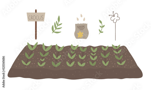 Vector bed with sprouted plants, pack with seeds, sign table isolated on white background. Flat spring garden illustration. Gardening icon.