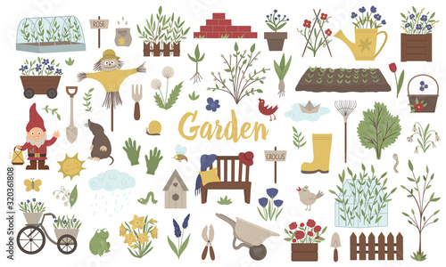 Vector big set of colored garden things, tools, flowers, herbs, plants. Collection of gardening equipment. Flat spring illustration isolated on white background. .