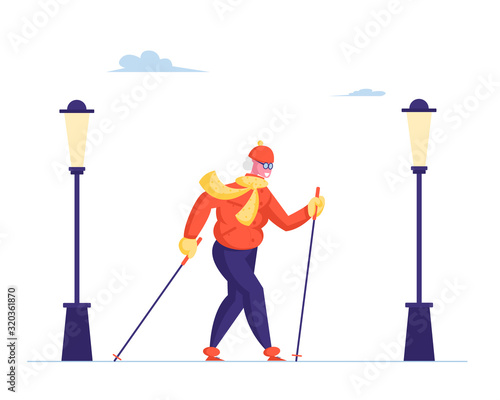Senior Lady Walking with Scandinavian Sticks on White Background with City Lamps. Outdoor Fitness Activity, Healthy Lifestyle and Sport Life, Old Woman Sports Exercise Cartoon Flat Vector Illustration