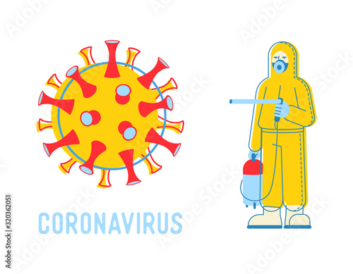 Wuhan Novel Coronavirus, 2019 ncov, Woman or Man in Protective Suit with Blue Medical Face Mask Holding Sprayer with Disinfection Liquid. Quarantine Concept Cartoon Flat Vector Illustration, Line Art
