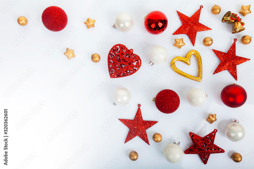 Christmas decorations, balls, stars, bells and gold heart.