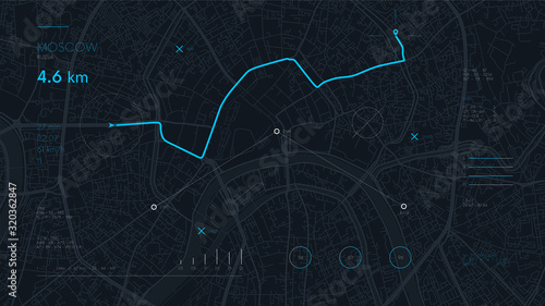 Futuristic route dashboard GPS tracking map, navigate mapping technology and final destination on the streets of the city Moscow