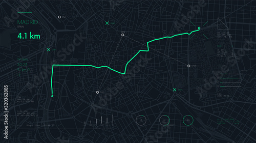 Futuristic travel GPS map or location navigator, navigate mapping technology and final destination on the streets of the city Madrid