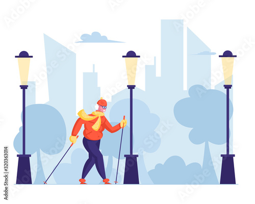 Aged Woman Engage Outdoors Sport. Elderly People Nordic Walk Open Air Workout with Sticks. Happy Senior Lady Hiking Training on City Street Pensioner Healthy Lifestyle Cartoon Flat Vector Illustration