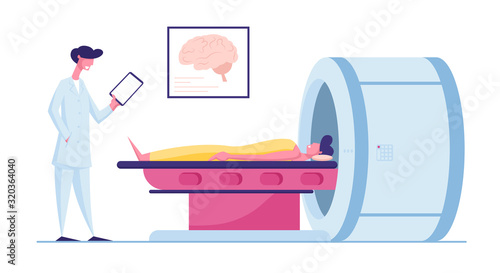 Medical Health Care. Patient Lying Down on Mri Scan Machine with Doctor Standing Next to Him. Magnetic Resonance Imaging Digital Technology in Medicine Diagnostic. Cartoon Flat Vector Illustration