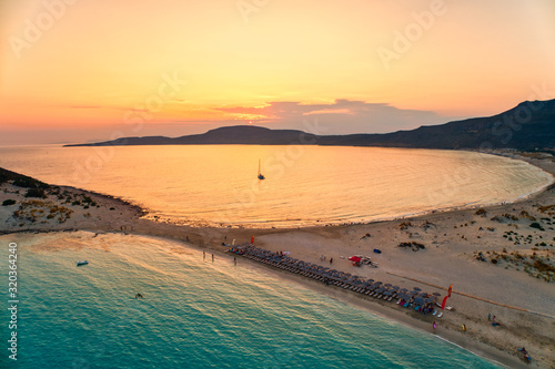 Aerial view of Simos beach at sunset in Elafonisos island in Greece photo