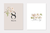 Set of Greeting Cards for International 8 March Holiday and Mother's Day. Elegant Composition with White Cherry Flowers on Beige Background. Printable Banners with Floral Elements Vector Illustration