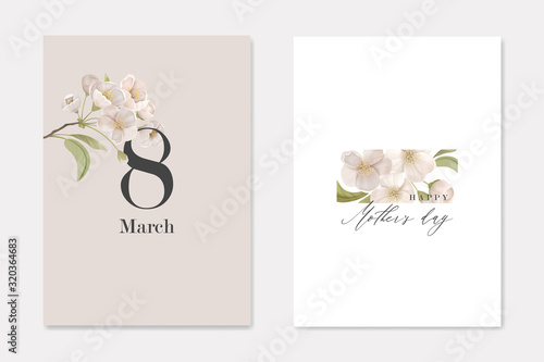 Set of Greeting Cards for International 8 March Holiday and Mother's Day. Elegant Composition with White Cherry Flowers on Beige Background. Printable Banners with Floral Elements Vector Illustration