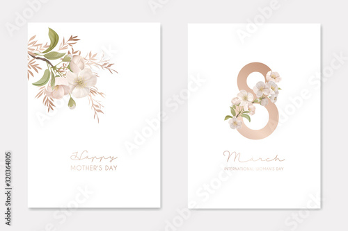 8 March International Woman's Day and Happy Mother's Day Elegant Greeting Cards Set, Creative Design Composition for Holidays Congratulation with Spring Blooming Cherry Flowers Vector Illustration