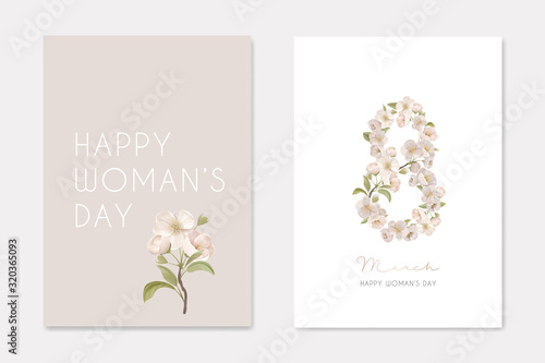 8 March International Woman's Day Greeting Card Background withRealistic Flowers. Eight Number Made of Cherry Blossoms, Composition for Romantic Holiday, Elegant Vintage Design. Vector Illustration