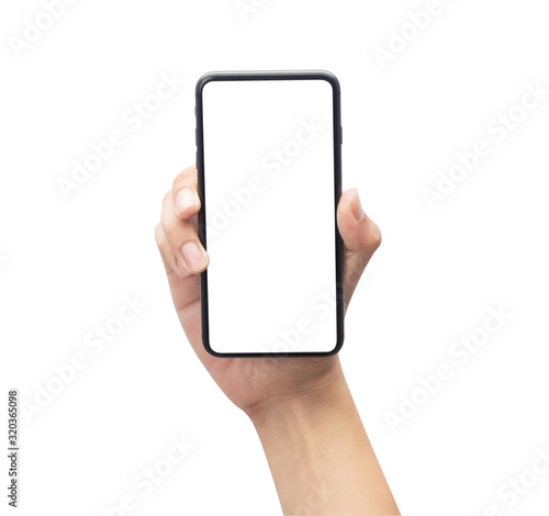 Male hand holding the black smartphone with blank screen isolated on white background with clipping path.