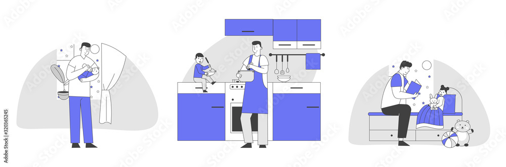 Set of Single Father Engaged in Raising Children. Dad Feed Son with Bottle, Cooking Meal, Reading Book to Daughter. Happy Family Sparetime of Kids and Daddy, Cartoon Flat Vector Illustration, Line Art Set of Single Father Engaged in Raising Children. Dad Feed Son with Bottle, Cooking Meal, Reading Book to Daughter. Happy Family Sparetime of Kids and Daddy, Cartoon Flat Vector Illustration, Line Art