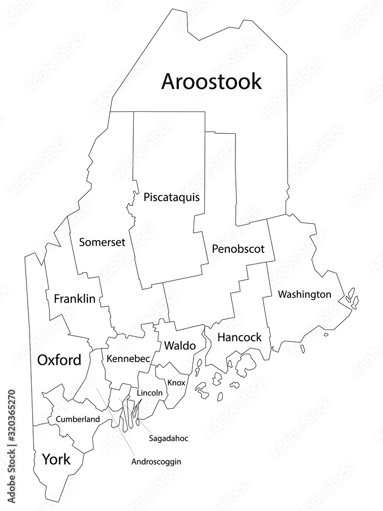 White Outline Counties Map With Counties Names of US State of Maine ...