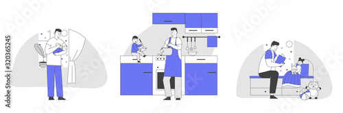 Set of Single Father Engaged in Raising Children. Dad Feed Son with Bottle, Cooking Meal, Reading Book to Daughter. Happy Family Sparetime of Kids and Daddy, Cartoon Flat Vector Illustration, Line Art