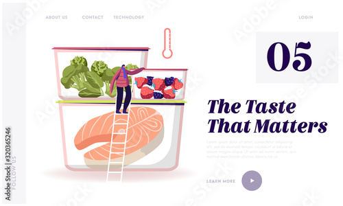Frozen Food Website Landing Page. Tiny Male Character in Scarf Stand on Ladder near Refrigerator Containers with Fresh Berries, Vegetables and Fish Web Page Banner. Cartoon Flat Vector Illustration