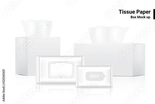 Tissue Box and Sachet Bag Wet Wipe Mock up Realistic product packaging on white background vector illustration