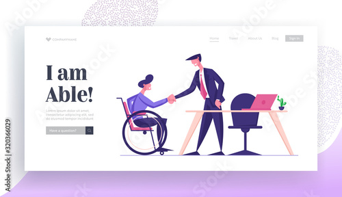 Physically Handicapped Worker Employment Website Landing Page. Disabled Man in Wheelchair Shaking Hand with Partner or Boss in Office, Hiring at Work Web Page Banner. Cartoon Flat Vector Illustration