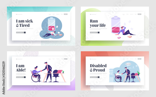 Working Overload, Disabled Employment Website Landing Page Set. Handicapped Worker Introducing with New Workplace, Tired Officer with Low Battery Web Page Banner. Cartoon Flat Vector Illustration