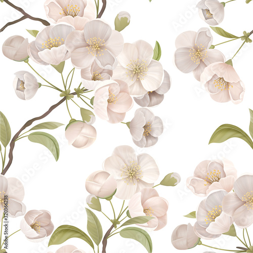 Blooming Sakura Decor for Fabric Art. Cherry Flower Seamless Pattern with Blossoms and Leaves on White Color Background. Wallpaper or Wrapping Paper Decoration, Textile Ornament. Vector Illustration