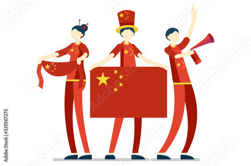 China with a flag. Chinese people. Crowd of persons celebrate national day celebrating a football team. Soccer symbol and victory celebration. Sports cartoon symbolic flat vector illustration