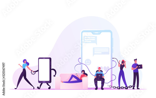 Social Media Addiction Concept. Male and Female Characters Bounded with Smartphones and Gadgets, Woman Tied with Metal Chain to Mobile Phone, Internet Addicted People. Cartoon Flat Vector Illustration