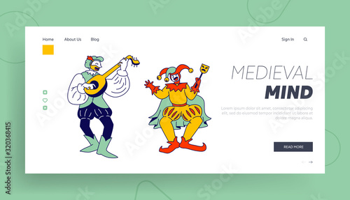 Medieval Characters Minstrel and Buffoon Website Landing Page. Funny Carnival Show or Fairy Tale Personages, Ancient Market Comic Persons Web Page Banner. Cartoon Flat Vector Illustration, Line Art