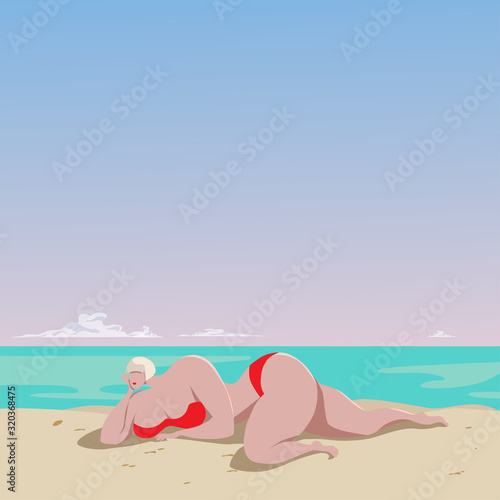 A young girl with a delicious body sunbathes in the sand on the seashore. Cartoon character in flat style vector illustration.