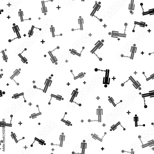 Black Prisoner with ball on chain icon isolated seamless pattern on white background. Vector Illustration
