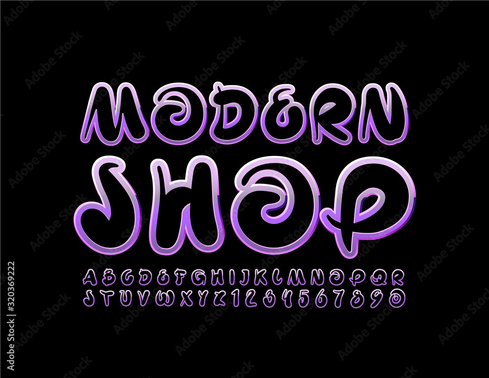Vector glossy logo Modern Shop. Chic Creative Font. Original Uppercase Alphabet Letters and Numbers.