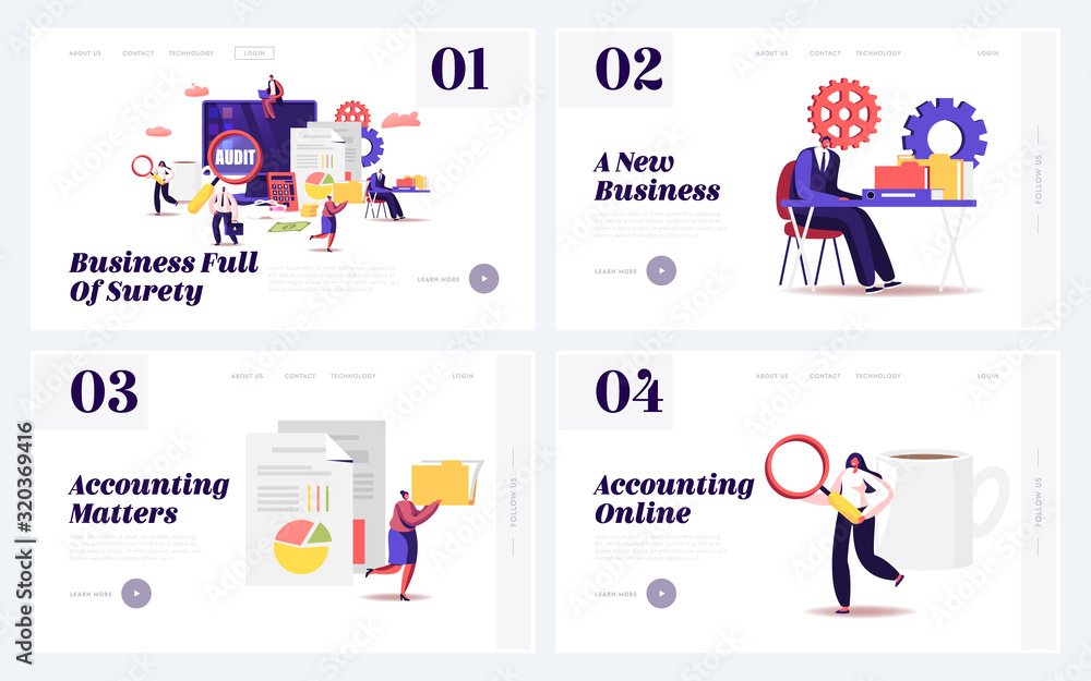 Audit Consulting for Company Website Landing Page Set. Auditors Check Sum Documents, Bank Accounts for Financial Project Management Accounting Balance Web Page Banner. Cartoon Flat Vector Illustration