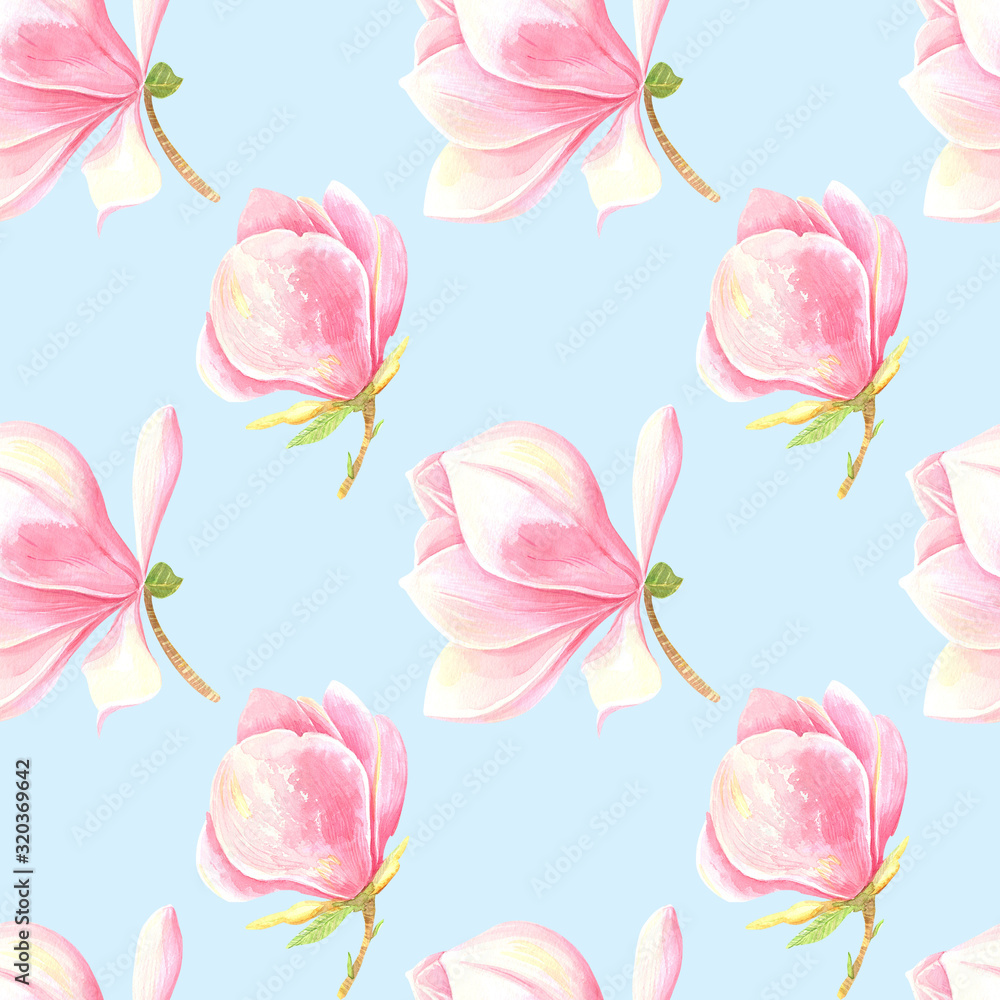 Rose magnolia spring seamless pattern on a blue background.  Stock illustration hand painted in watercolor.