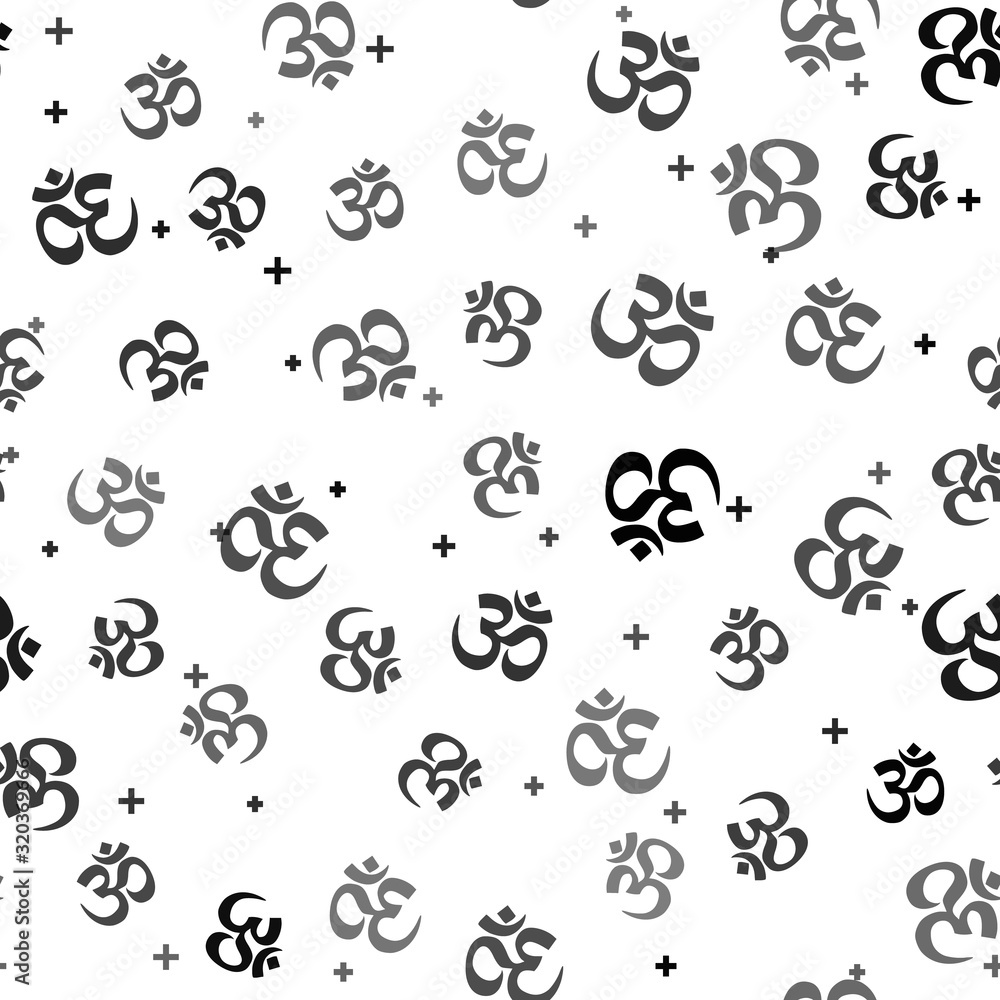Black Om or Aum Indian sacred sound icon seamless pattern on white background. Symbol of Buddhism and Hinduism religion. The symbol of the divine triad of Brahma, Vishnu and Shiva. Vector Illustration Black Om or Aum Indian sacred sound icon seamless pattern on white background. Symbol of Buddhism and Hinduism religion. The symbol of the divine triad of Brahma, Vishnu and Shiva. Vector Illustration