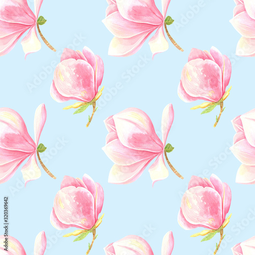 Rose magnolia spring seamless pattern on a blue background. Stock illustration hand painted in watercolor.