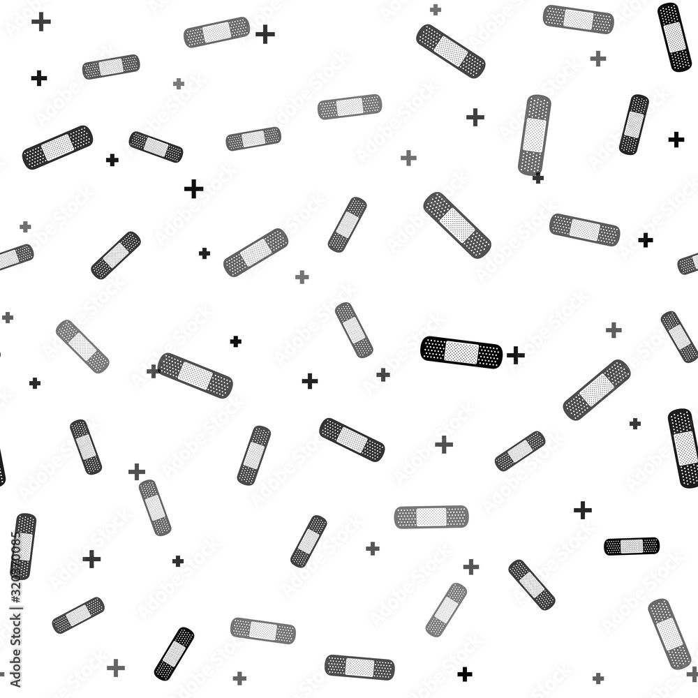 Black Bandage plaster icon isolated seamless pattern on white background. Medical plaster, adhesive bandage, flexible fabric bandage. Vector Illustration Black Bandage plaster icon isolated seamless pattern on white background. Medical plaster, adhesive bandage, flexible fabric bandage. Vector Illustration