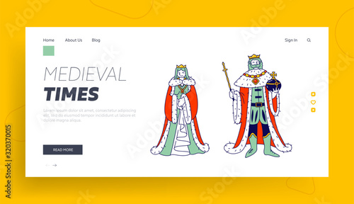 Medieval Royal Family Members King and Queen in Costumes Website Landing Page. Ancient Historical Kingdom or Fairy Tale Fantasy Characters Web Page Banner. Cartoon Flat Vector Illustration, Line Art