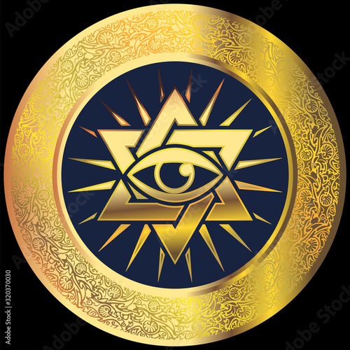 Star of David and all-seeing eye. Sign. The symbolic image of a six-pointed geometric figure, color-imitation of gold.
