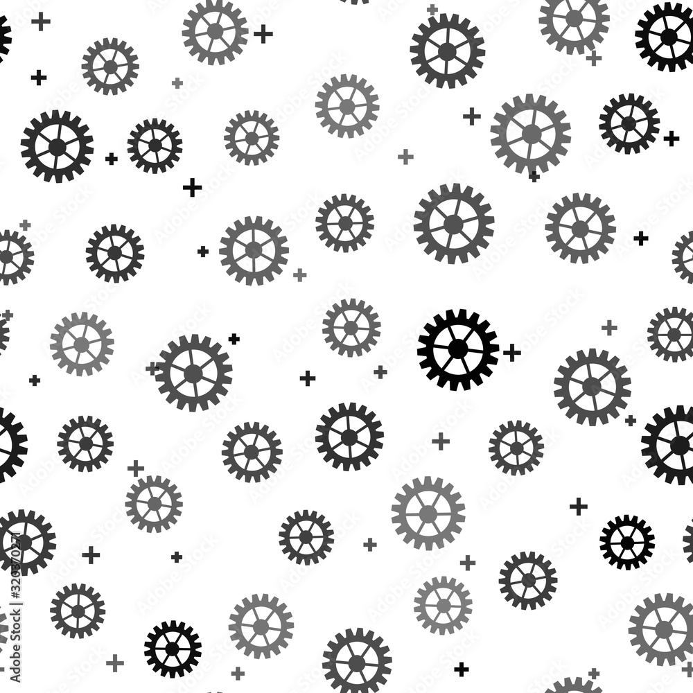 Black Gear icon isolated seamless pattern on white background. Cogwheel gear settings sign. Cog symbol. Vector Illustration